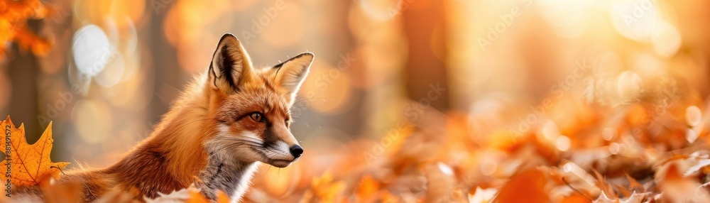 Fototapeta premium Close-up of a red fox in a forest during autumn, surrounded by fallen leaves