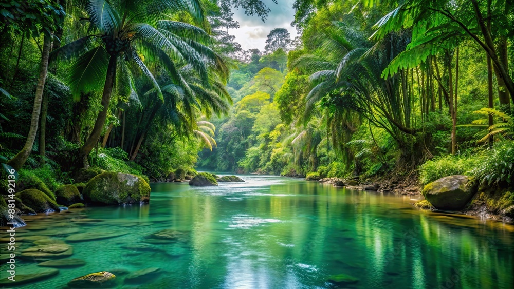 Tropical rainforest with tranquil river stream, lush, greenery, exotic, nature, biodiversity, serene, flowing, vegetation Tropical rainforest with tranquil river stream, lush, greenery, exotic, nature, biodiversity, serene, flowing, vegetation