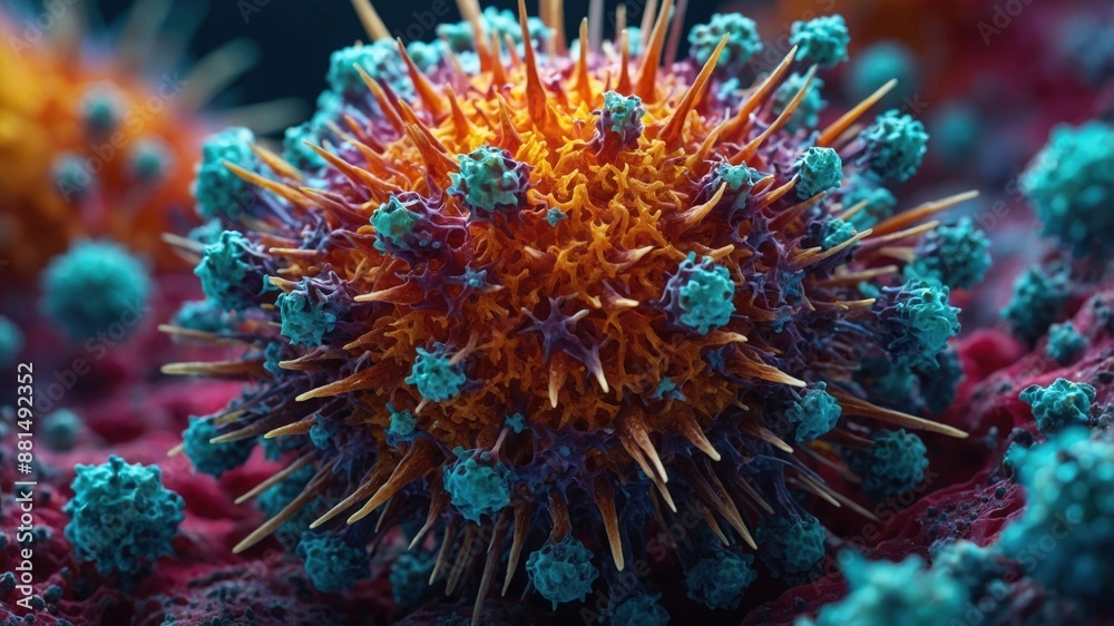 Highly detailed close-up of a colorful virus particle under a microscope, showcasing its complex structure and vibrant spikes.
Highly detailed close-up of a colorful virus particle under a microscope, showcasing its complex structure and vibrant spikes.