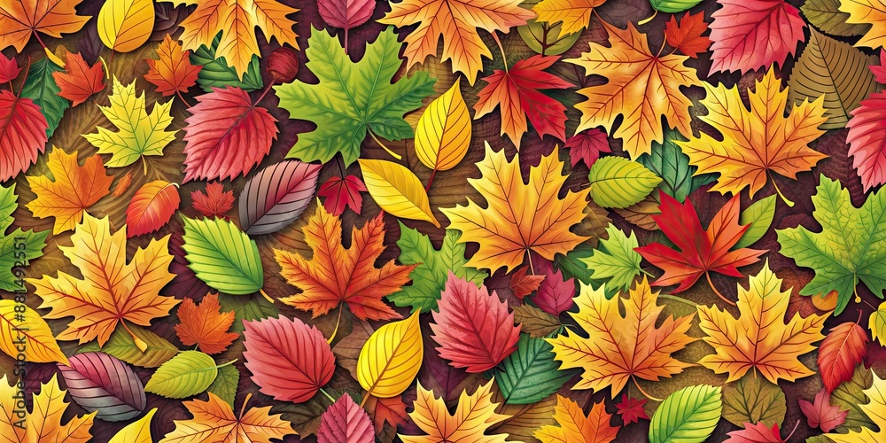 Fototapeta premium Seamless pattern featuring colorful autumn leaves , fall colors, repetitive design, foliage, seasonal, nature, textured background