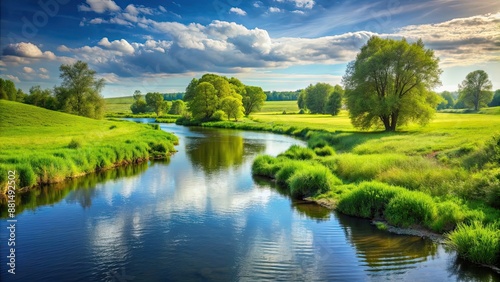 Fototapeta Naklejka Na Ścianę i Meble -  Tranquil river flowing through lush green meadows, river, meadow, nature, landscape, serene, tranquil, peaceful, flowing