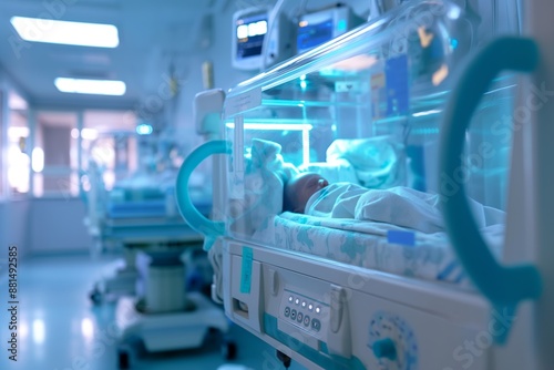 Newborn baby in medical incubator in a hospital's intensive care unit