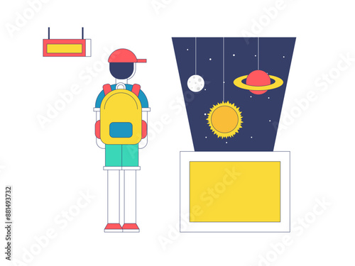 Young visitors looking at the art museum. Museum vector illustration