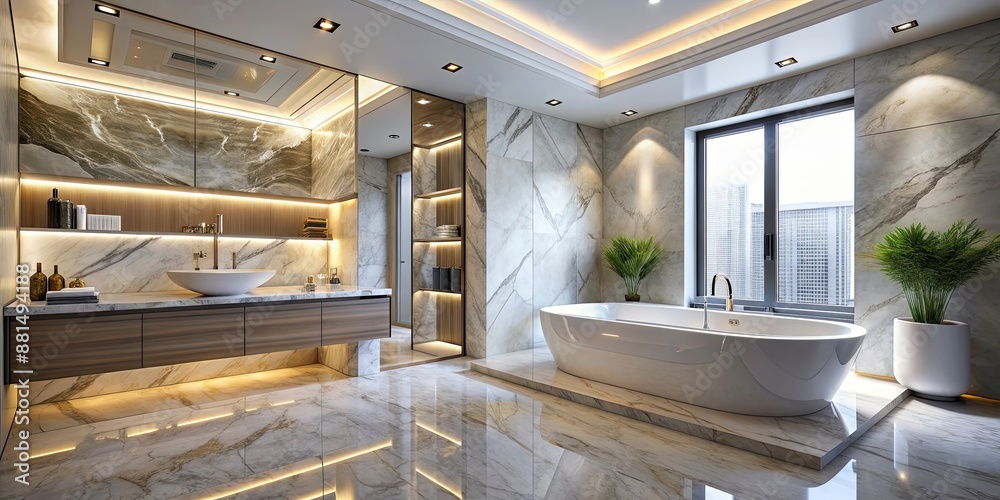 Fototapeta premium Marble bathroom with LED fixtures, modern bathtub, and luxury elements, modern, sleek, stylish, marble
