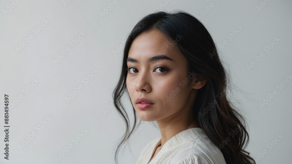 Close-up portrait of an elegant young woman with dark wavy hair and a serene expression, exuding natural beauty and poise.
Close-up portrait of an elegant young woman with dark wavy hair and a serene expression, exuding natural beauty and poise.