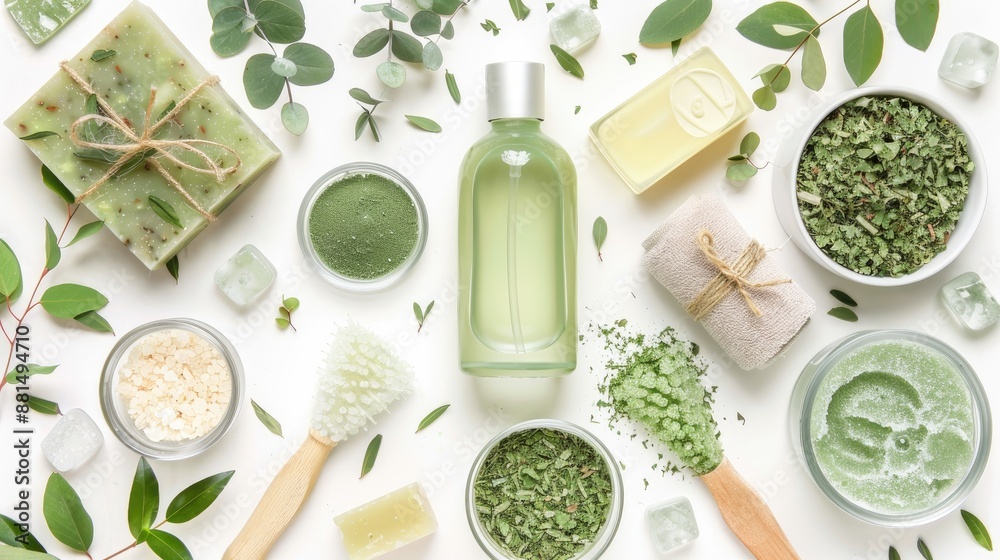 Organic spa products with eucalyptus essence eco friendly items on white background Organic spa products with eucalyptus essence eco friendly items on white background