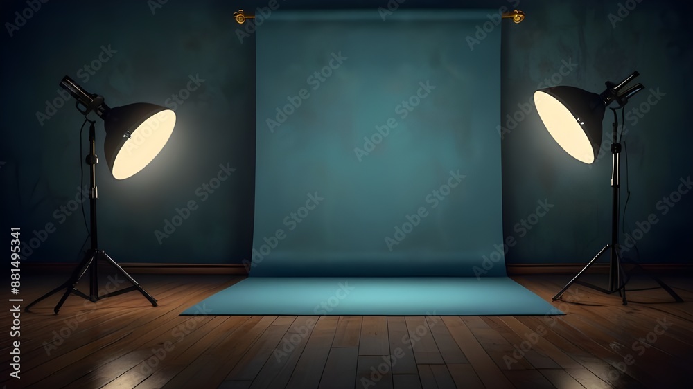 blue photo backdrop wall and floor lit by lamps, studio background for ...