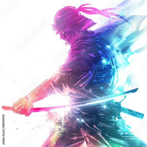 Vibrant digital art of a samurai warrior with glowing effects, holding a katana in an action pose. Futuristic and energetic design. photo