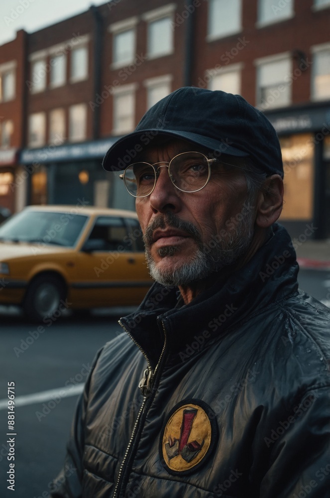 A man wearing glasses and a cap, dressed in a black jacket, stands on a city street, with a yellow car and brick buildings in the background.
A man wearing glasses and a cap, dressed in a black jacket, stands on a city street, with a yellow car and brick buildings in the background.