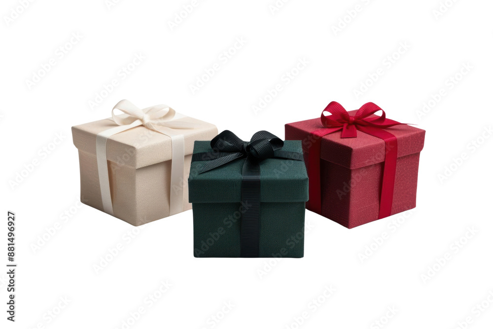 Three wrapped gift boxes in red, beige, and green with black and white ribbons. Three wrapped gift boxes in red, beige, and green with black and white ribbons.