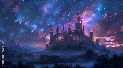 A castle is lit up at night with a dark sky in the background. The castle is surrounded by a body of water and has a castle-like appearance