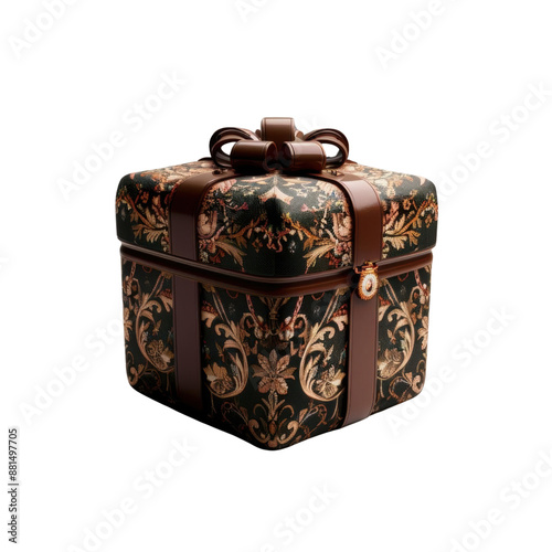 A beautifully wrapped gift box with a brown ribbon and a floral pattern.