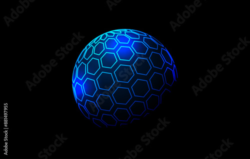 Blue neon hexagon pattern sphere. 3d halftone hemisphere concept. Grid globe futuristic element. Round shape for tech poster, banner, cover, emblem, logo, leaflet. Vector illustration