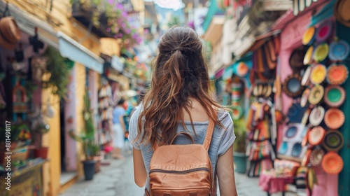 Young Woman Exploring Vibrant Market Street with Colorful Shops and Handcrafted Goods