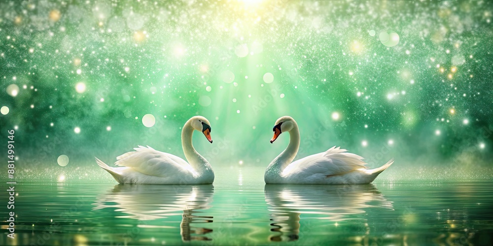 Obraz premium Swans floating gracefully on a shimmering green background with glittered dots, swans, grace, elegance, nature, wildlife