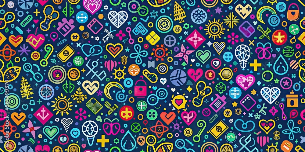 Naklejka premium Vibrant health symbols pattern texture for a colorful and dynamic background, health, symbols, colorful, texture, bottom