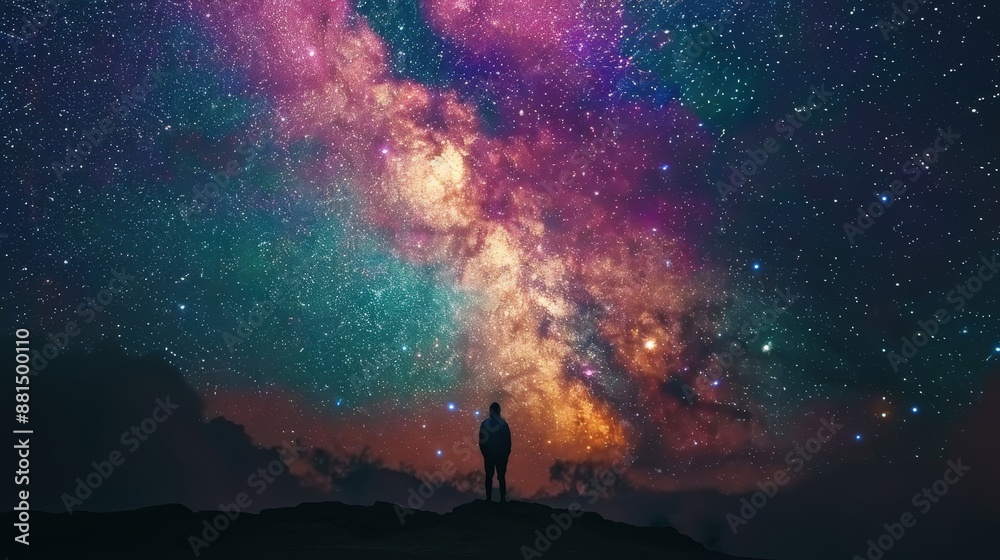 Silhouette of Person Gazing at Vibrant Milky Way Galaxy in Starry Night Sky Silhouette of Person Gazing at Vibrant Milky Way Galaxy in Starry Night Sky