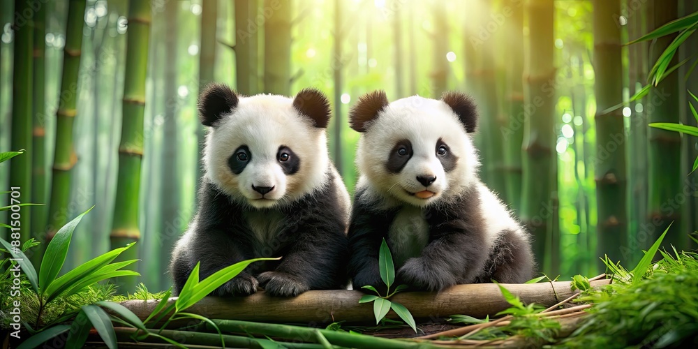 Fototapeta premium Two baby pandas in a bamboo forest , pandas, baby animals, wildlife, nature, bamboo, forest, cute, adorable