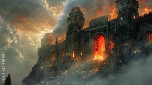 A castle with a large archway and a stormy sky in the background. The castle is lit up with candles and the sky is filled with lightning