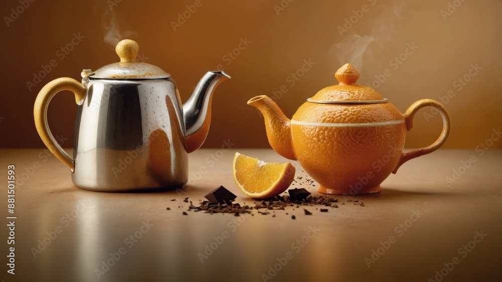 A scene featuring two steaming teapots, one silver and one orange, accompanied by a fresh orange slice and scattered tea leaves, evoking warmth and comfort.
A scene featuring two steaming teapots, one silver and one orange, accompanied by a fresh orange slice and scattered tea leaves, evoking warmth and comfort.