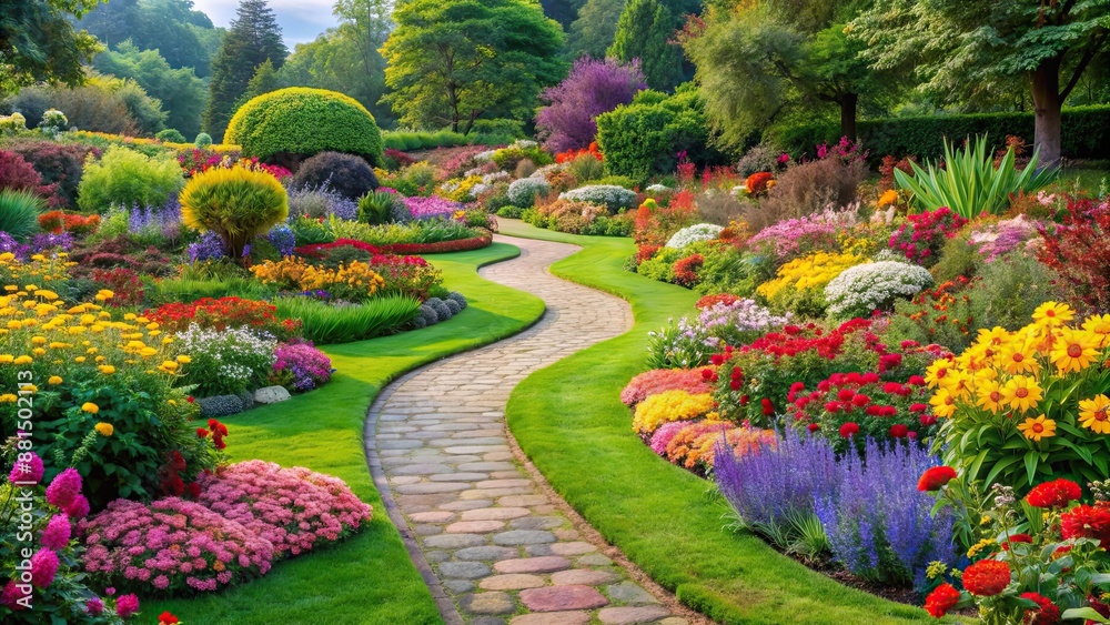 Fototapeta premium Vibrant garden landscaping with colorful flowers and winding paths, lush, garden, landscaping, vibrant, flowers, pathways