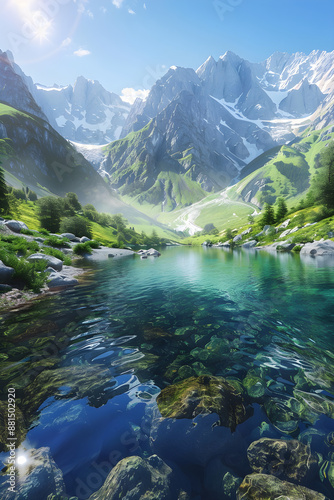 Experience Tranquility: Serene Mountain Landscape with Clear Lake and Towering Peaks
