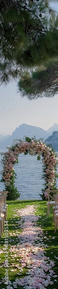 An outdoor wedding with pink rose archway. An outdoor wedding with pink rose archway.