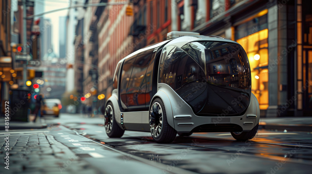 Futuristic Autonomous Electric City Car on Urban Street - Modern Transportation Technology Futuristic Autonomous Electric City Car on Urban Street - Modern Transportation Technology