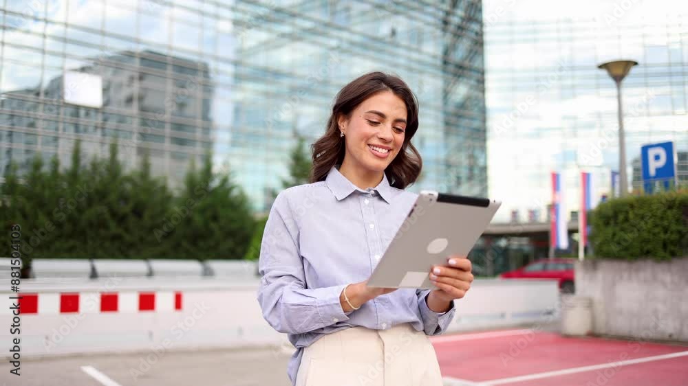 Businesswoman taking a break on the street and using tablet Businesswoman taking a break on the street and using tablet