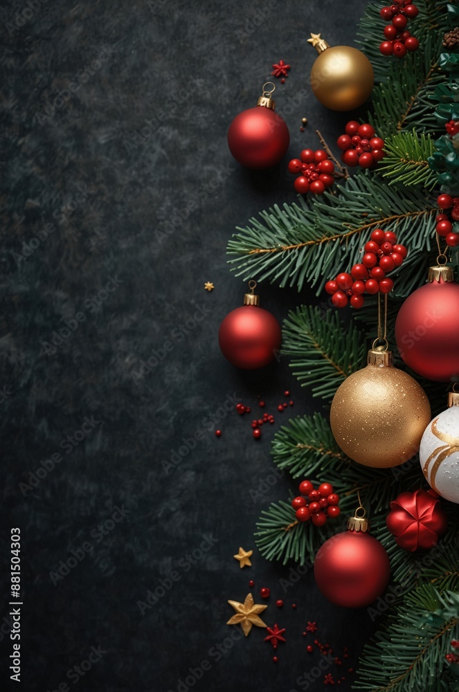 Elegant red and gold Christmas ornaments and berries decorate a pine branch, set against a dark, textured background, creating a festive holiday scene.
Elegant red and gold Christmas ornaments and berries decorate a pine branch, set against a dark, textured background, creating a festive holiday scene.