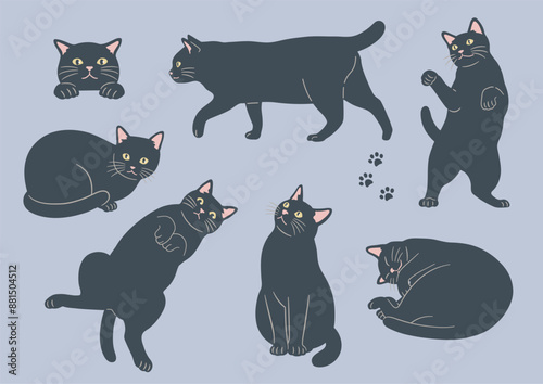 かわいい猫のさまざまなポーズのイラスト
黒猫　バリエーション