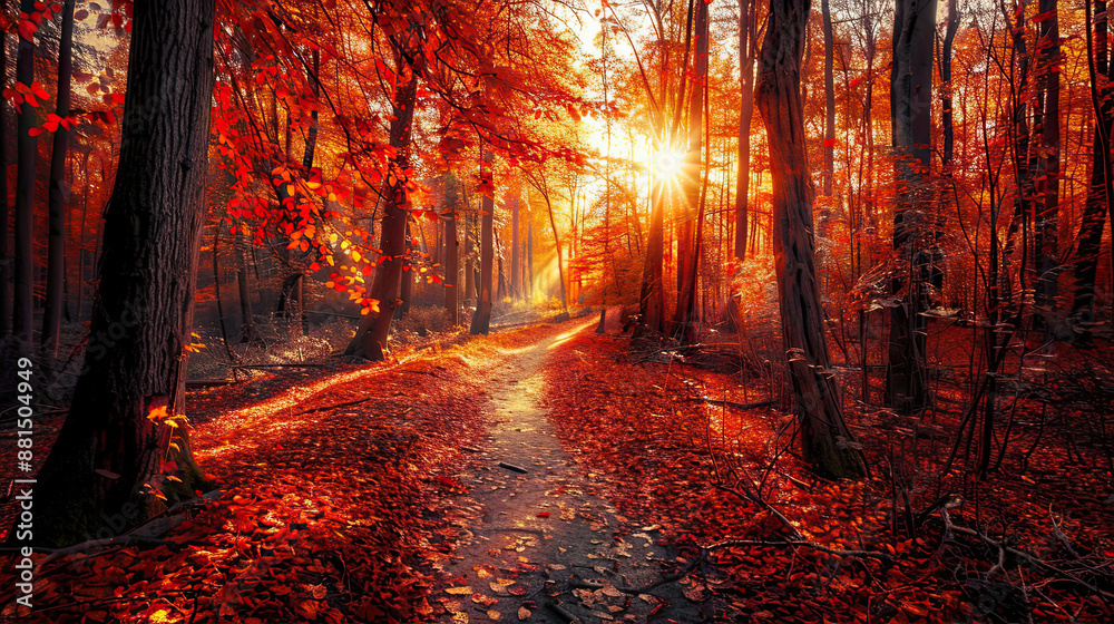 Fototapeta premium A winding path through a forest of vibrant autumn leaves, bathed in warm golden sunlight.Title 3