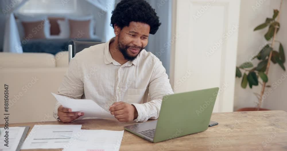 Black man, laptop and meeting online in home office, remote work and conversation with paperwork. Conference, deck and computer for digital proposal with male person, email and internet communication Black man, laptop and meeting online in home office, remote work and conversation with paperwork. Conference, deck and computer for digital proposal with male person, email and internet communication