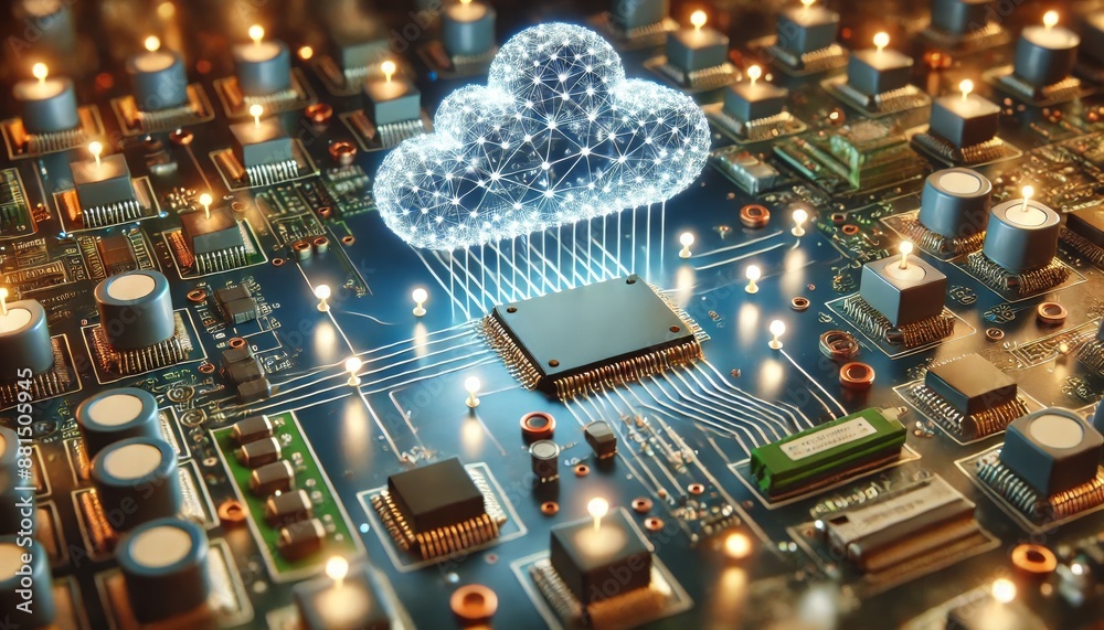 A detailed digital cloud hovering over a circuit board, connected to ...