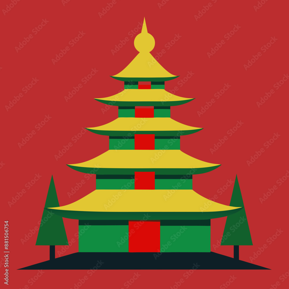 Pagoda and Christmas tree icon silhouette vector art illustration 