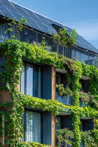 Modern Eco-Friendly Building with Solar Panels and Vertical Garden in Urban Setting on a Sunny Day © Sunshine