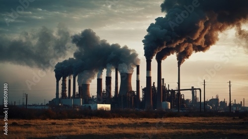 Large industrial factory with multiple smokestacks emitting heavy smoke into the sky, highlighting pollution and environmental impact.
 photo