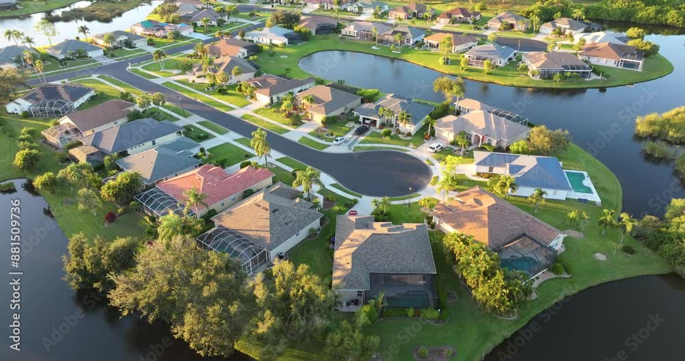 Cul de sac street dead end at sunset and private residential houses in rural suburban sprawl area in North Port, Florida. Upscale suburban homes with large waterfront backyards