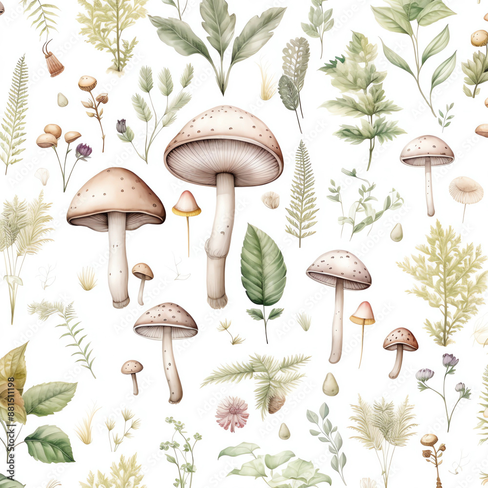 A seamless pattern of mushrooms and forest foliage, watercolor illustration A seamless pattern of mushrooms and forest foliage, watercolor illustration