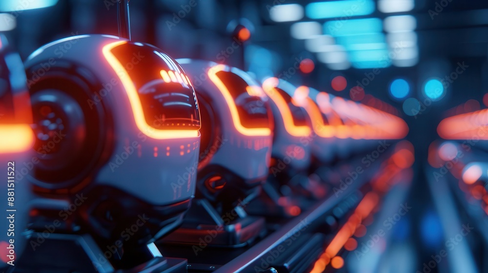 Futuristic robots in a high-tech factory line with vibrant lights, showcasing advanced technology and automation in manufacturing. Futuristic robots in a high-tech factory line with vibrant lights, showcasing advanced technology and automation in manufacturing.