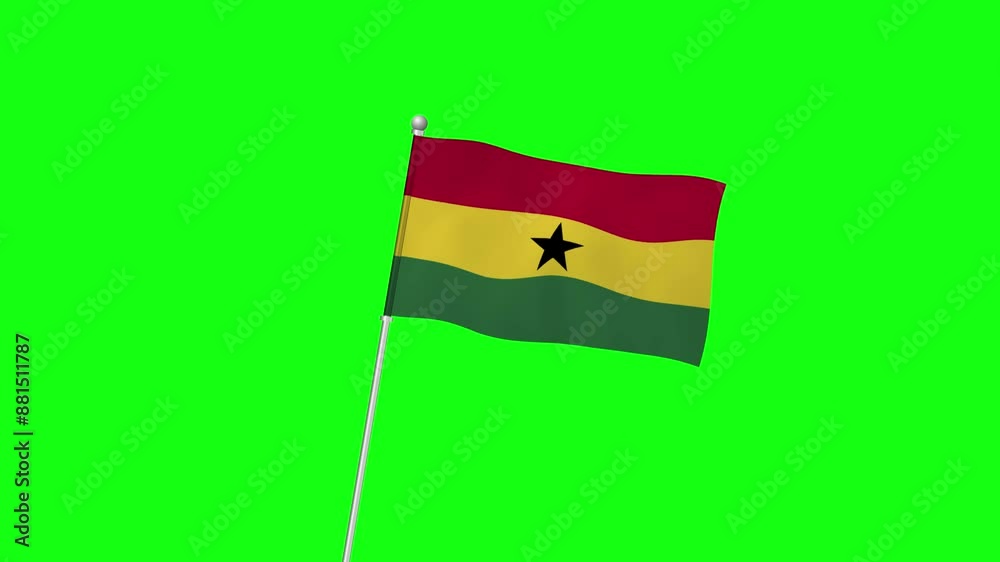 4K GHANA flag with pole waving on chroma key green screen