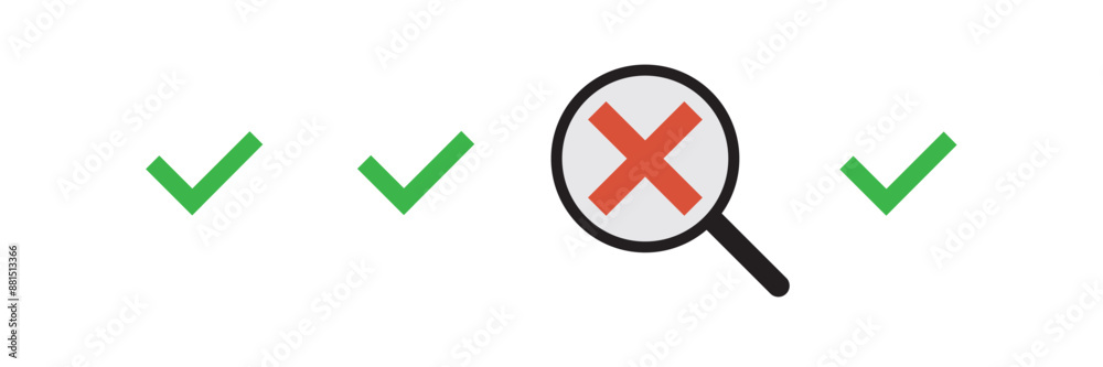 Obraz premium Magnifying glass with green or red check tick icon. For concepts of research, results found, success, reviews or examination, discovery.