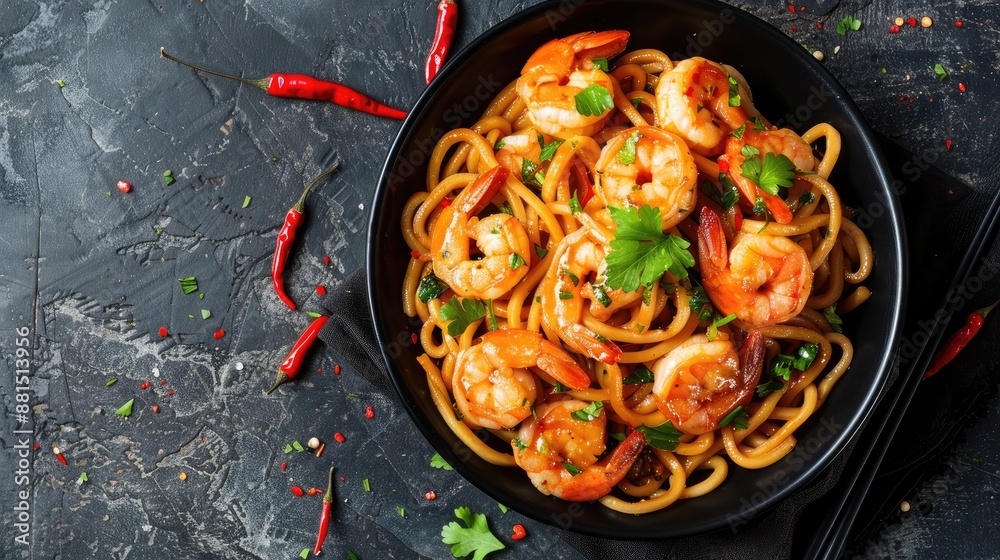 Chinese seafood stir fried udon noodles with shrimp in a black bowl from above Ample space for text Chinese seafood stir fried udon noodles with shrimp in a black bowl from above Ample space for text