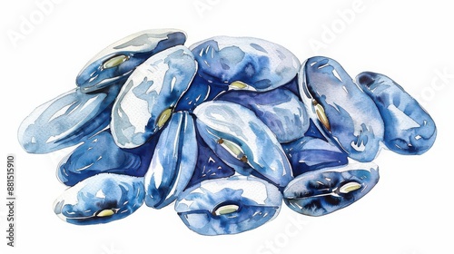 Proteinpacked navy beans, watercolor illustration, white and navy, isolated on white background photo