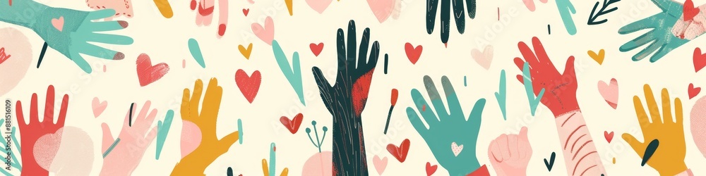 Obraz premium Abstract Wallpaper Featuring Charitable Illustration Concept with Abstract, Diverse People, Hands, and Hearts. Ideal for Public Welfare Posters, Inclusive and Caring Themes, Editorial Content, and Boo