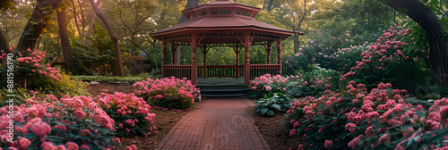 field with a gentle wind Spring flower,
Lush garden with blooming rose bushes and gazebo 