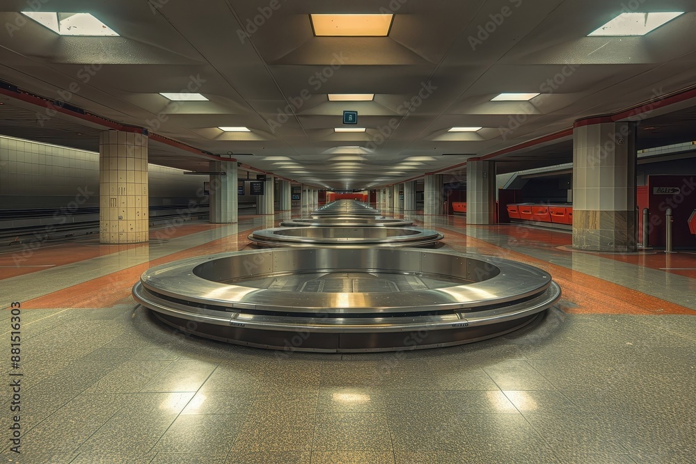 Highlights the eerie silence and emptiness of a baggage claim area, with a forgotten suitcase serving as a reminder of lost connections. Highlights the eerie silence and emptiness of a baggage claim area, with a forgotten suitcase serving as a reminder of lost connections.