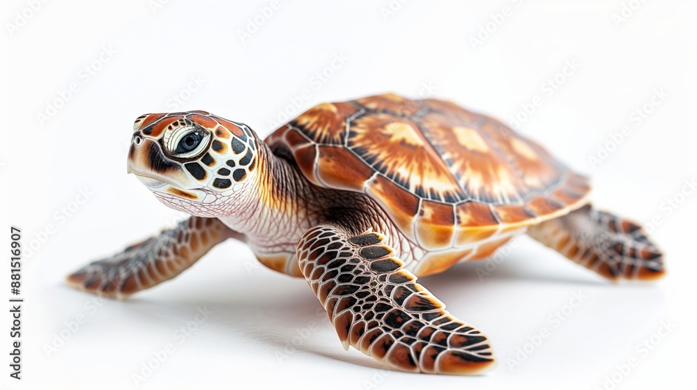 Fototapeta premium Close-up photo of a cute sea turtle with a beautiful shell on a white background