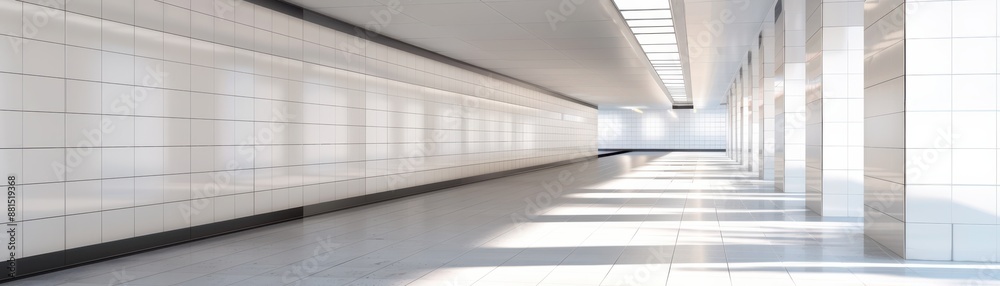 Modern empty hallway with white tiled walls, large windows and natural sunlight. Perfect for architectural and design concepts. Modern empty hallway with white tiled walls, large windows and natural sunlight. Perfect for architectural and design concepts.