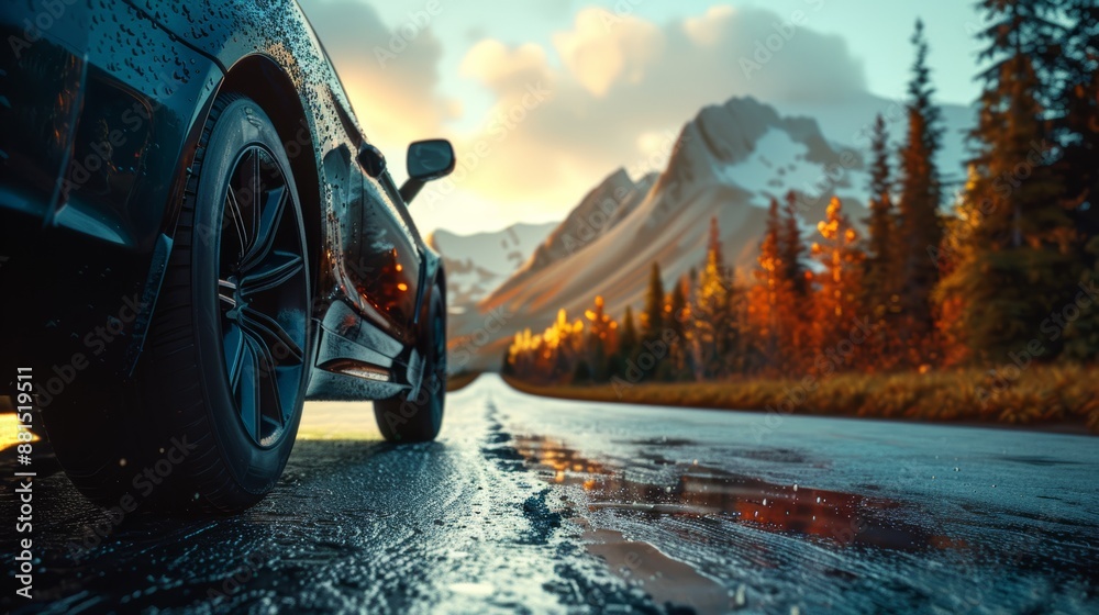 Close up car on the road for traveling with beautiful landscape, Road trip, Travel concept. Close up car on the road for traveling with beautiful landscape, Road trip, Travel concept.